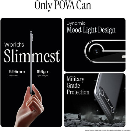 Smartphone Tecno Pova Slim 5G, écran AMOLED 6,78" 144 Hz 1,5K, processeur Mediatek Dimensity 6400 6 nm, 8 Go de RAM, 256 Go de ROM, GPU Mali - G57 MC2, batterie 5160 mAh, bleu ciel | POVA - SLIM Modèle : Pova Slim 5G - BMWi Shopping